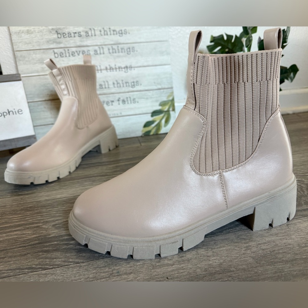 Wanted Shoes Lightning Slip On Boot w Sock Detail & Chunky Sole in Beige Size 10